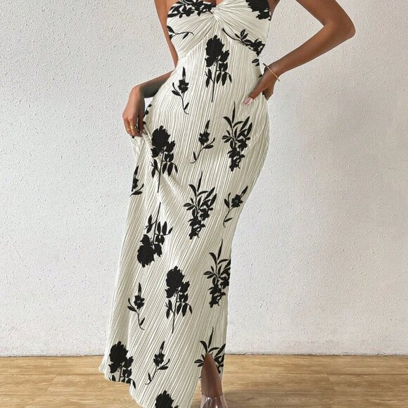 Apricot Boho Women's Tie Knot Pleat Printed Dress - Picture 3 of 6